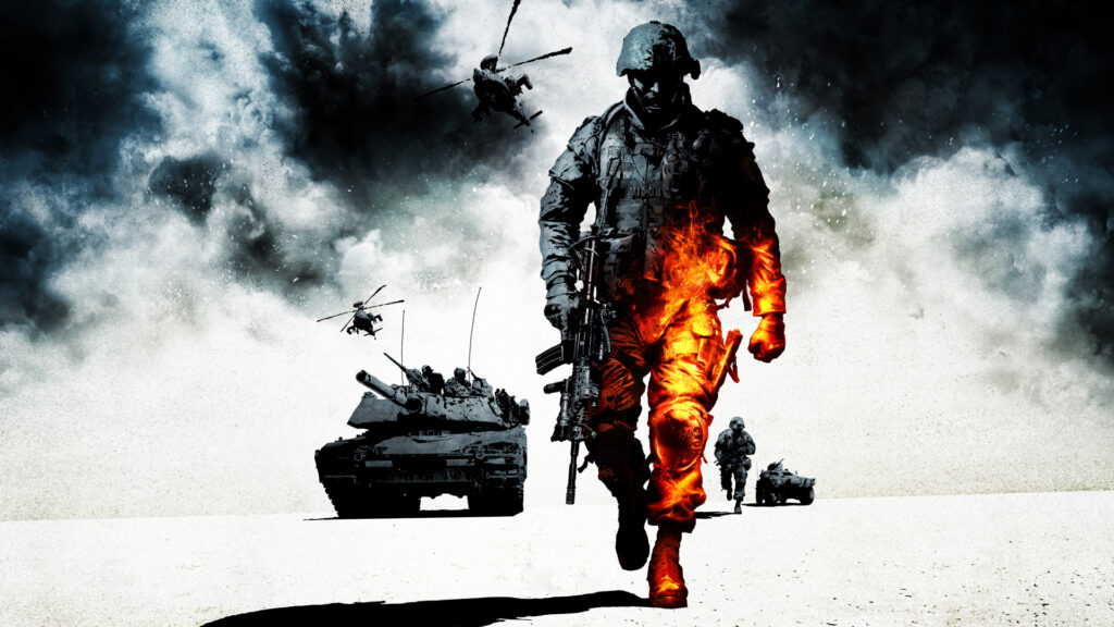 a man running with guns and helicopters in the background