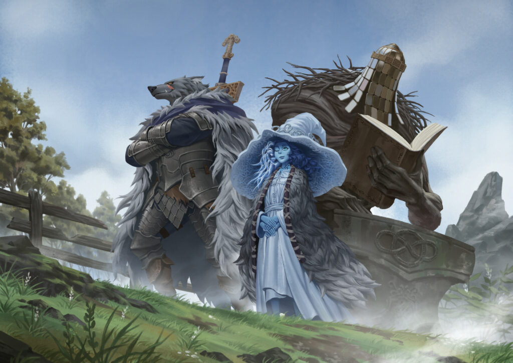 a group of people in armor with a book and a woman in a hat