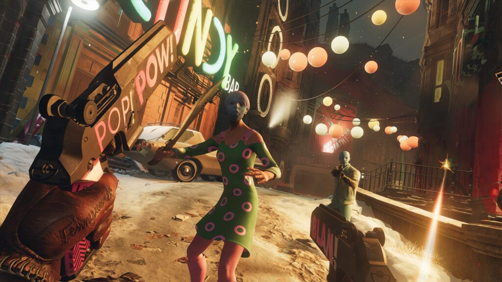 a video game scene of a woman holding a gun and a man standing in the snow
