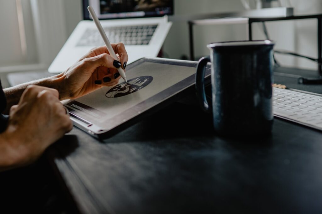 Digital illustration workspace representing AI image, writing and creative tools