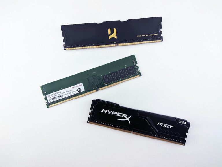 Computer memory installed on a motherboard for a DDR4 versus DDR5 comparison