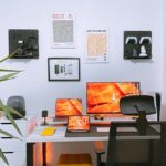 Dual-monitor desk setup with keyboard and computer accessories for a productive home office