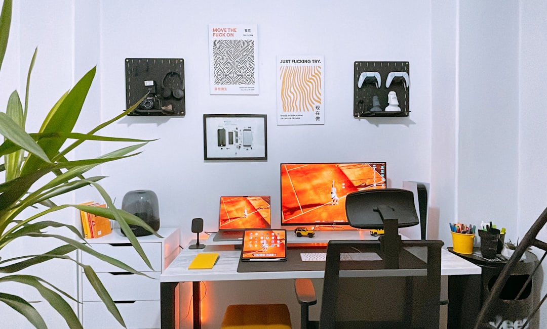 Dual-monitor desk with computer accessories