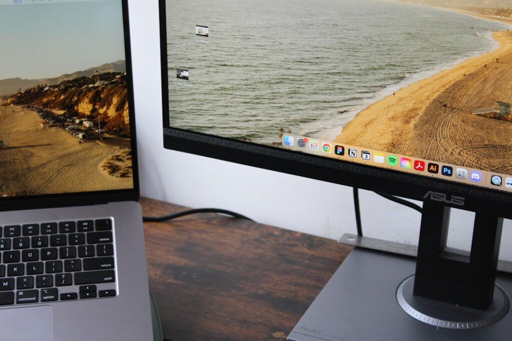 Laptop connected to a monitor workspace illustrating a docking station setup