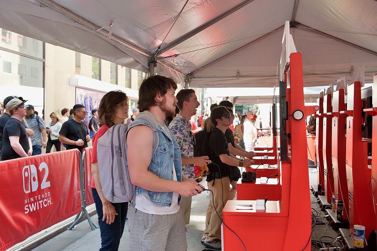 Players trying Mario Kart World on Nintendo Switch 2 at the New York launch event