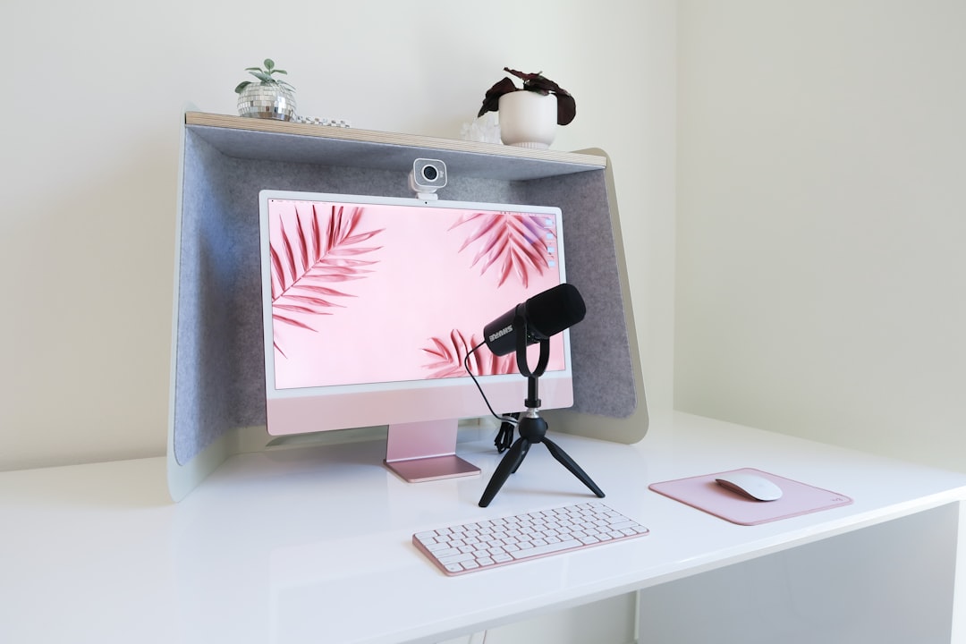 Professional home office workspace with camera, microphone and computer display