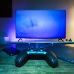 Game controller in front of a television for living room retro gaming