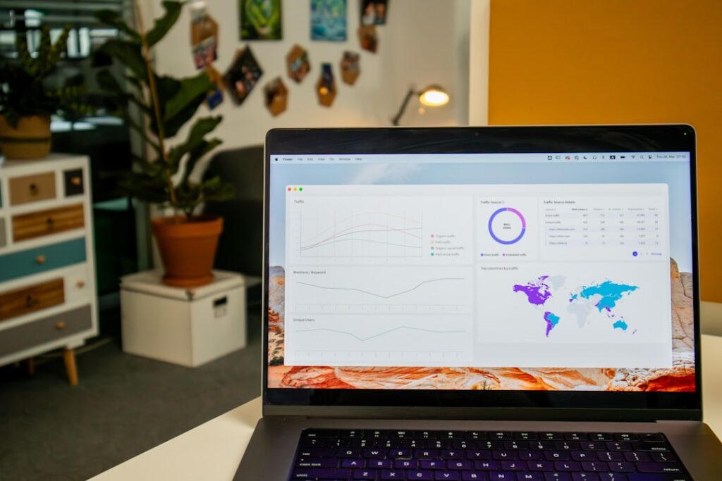 Laptop computer used for small-business AI workflows, analytics and productivity