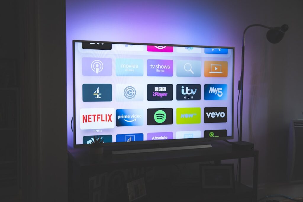 Smart TV displaying streaming apps for an Android TV media player setup