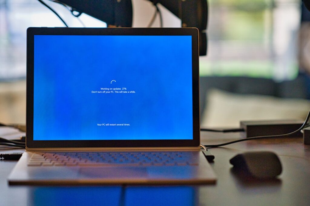 Windows laptop updating during a safe PC cleanup and maintenance process