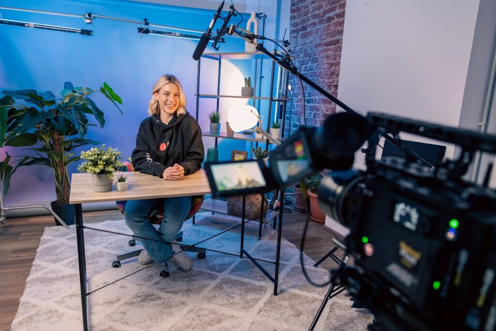 YouTube creator studio with camera lighting and production equipment
