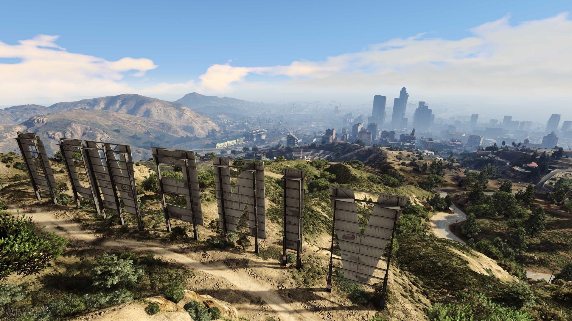 Grand Theft Auto V PS5 screenshot overlooking Los Santos from the Vinewood sign