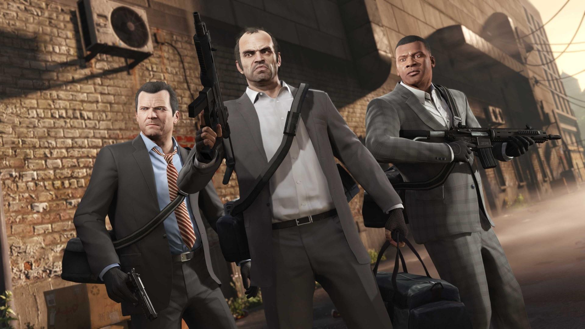 Grand Theft Auto V PS5 story mode screenshot featuring Michael, Franklin and Trevor